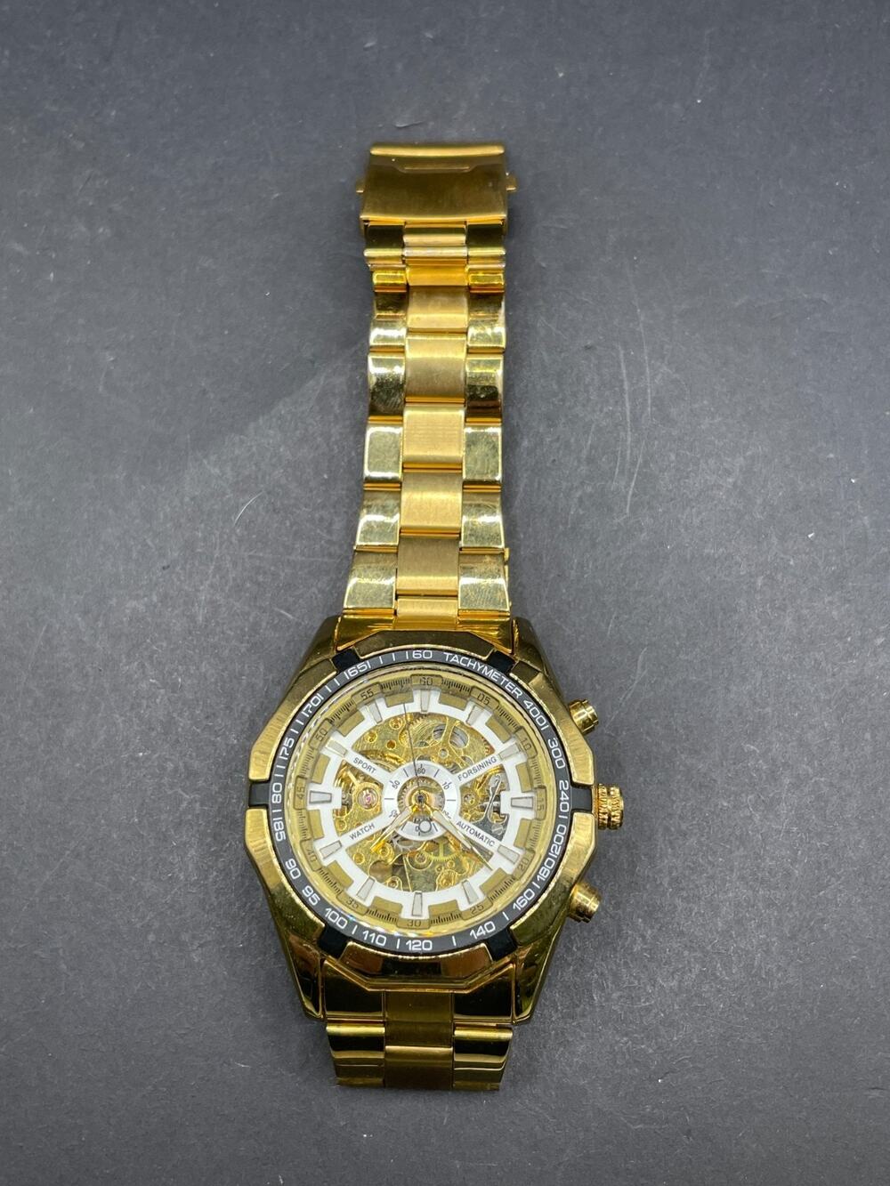 Forsining TM340 Mens Skeleton Stainless Steel Automatic Self-Winding Watch Gold